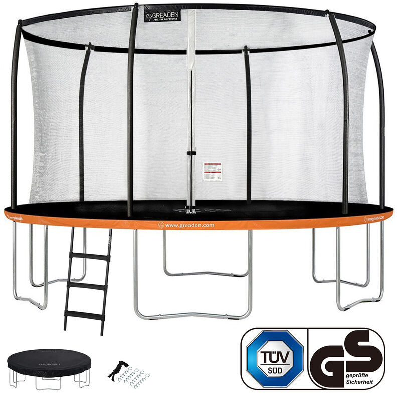 GREADEN Trampoline de jardin Rond Orange 430 avec Filet coussin de