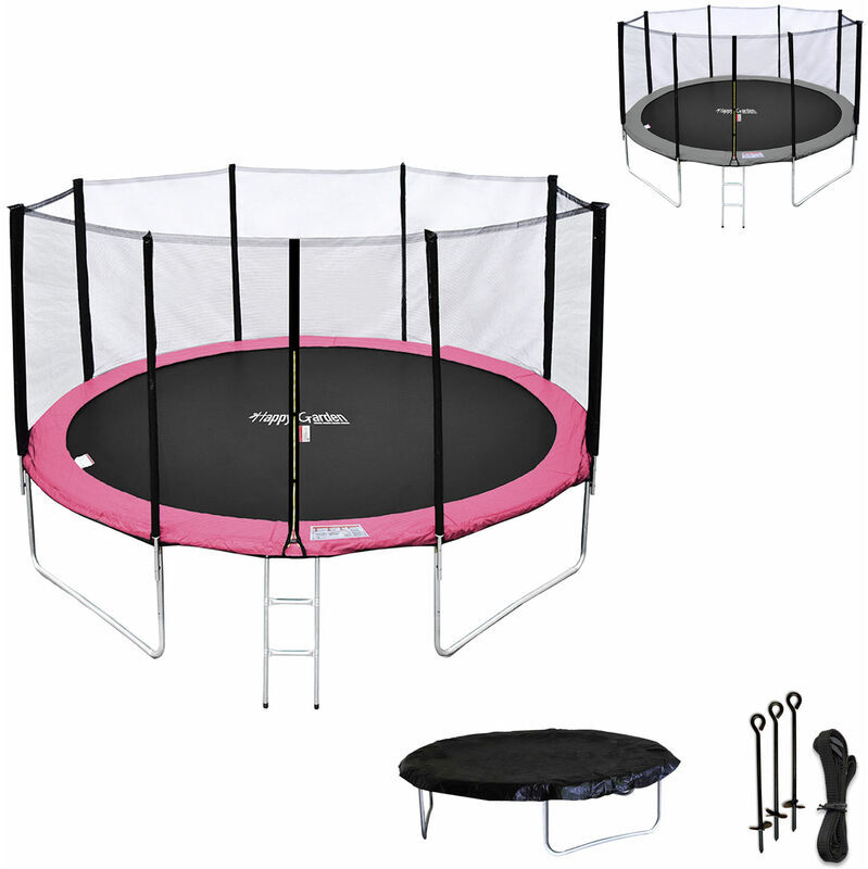 HAPPY GARDEN Pack Premium Trampoline 370cm réversible rose / gris PERTH + filet,