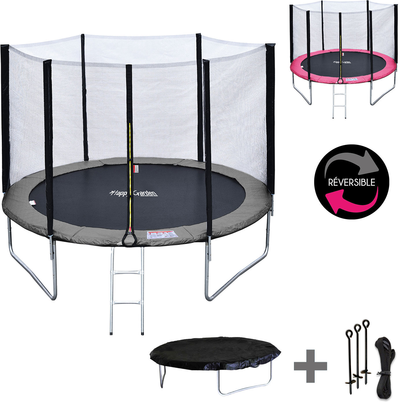 Happy Garden Pack Premium Trampoline 305cm réversible gris / rose ADELAÏDE + filet, échelle, bâche et kit d'ancrage