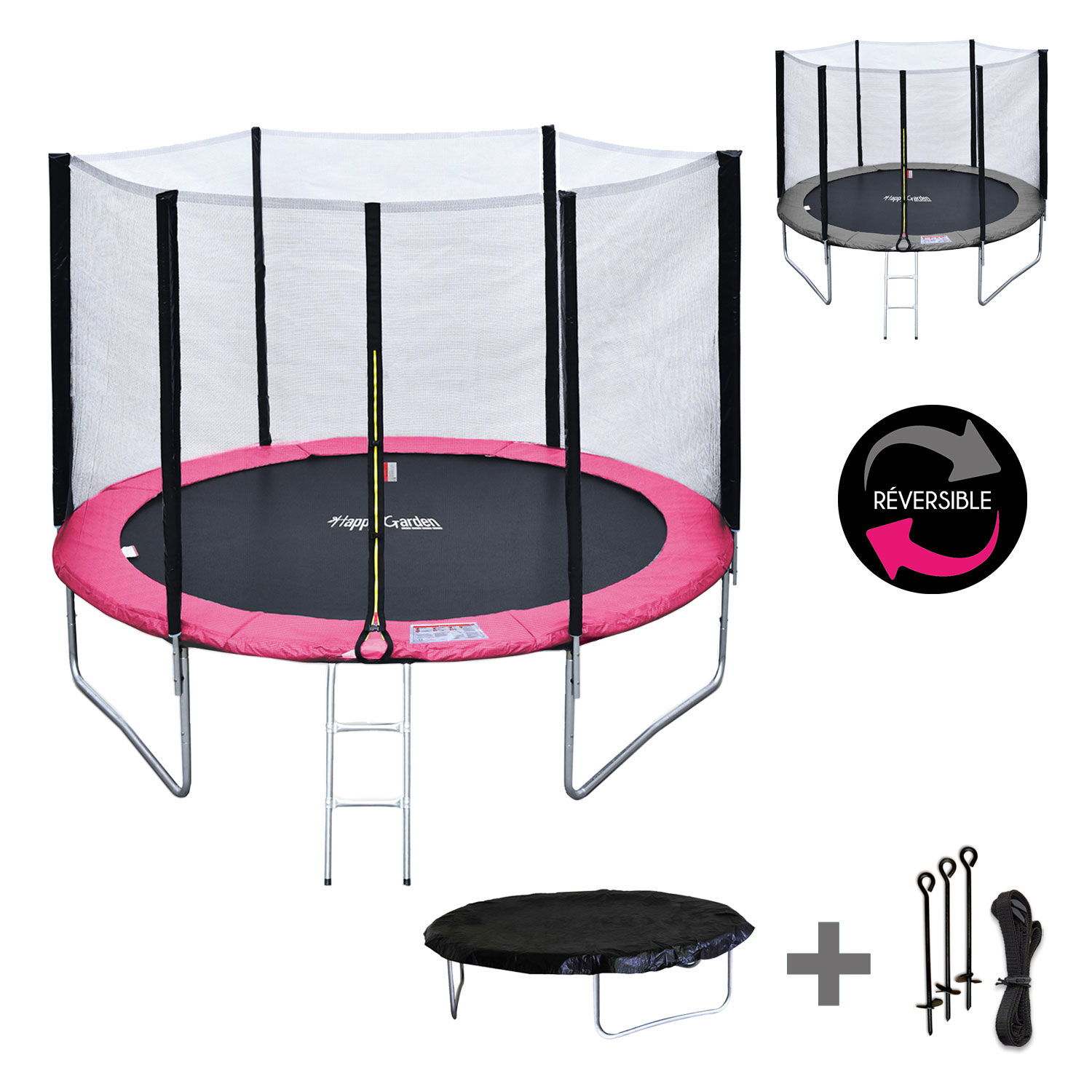 Happy Garden Pack Premium Trampoline 305cm réversible rose / gris ADELAÏDE + filet, échelle, bâche et kit d'ancrage