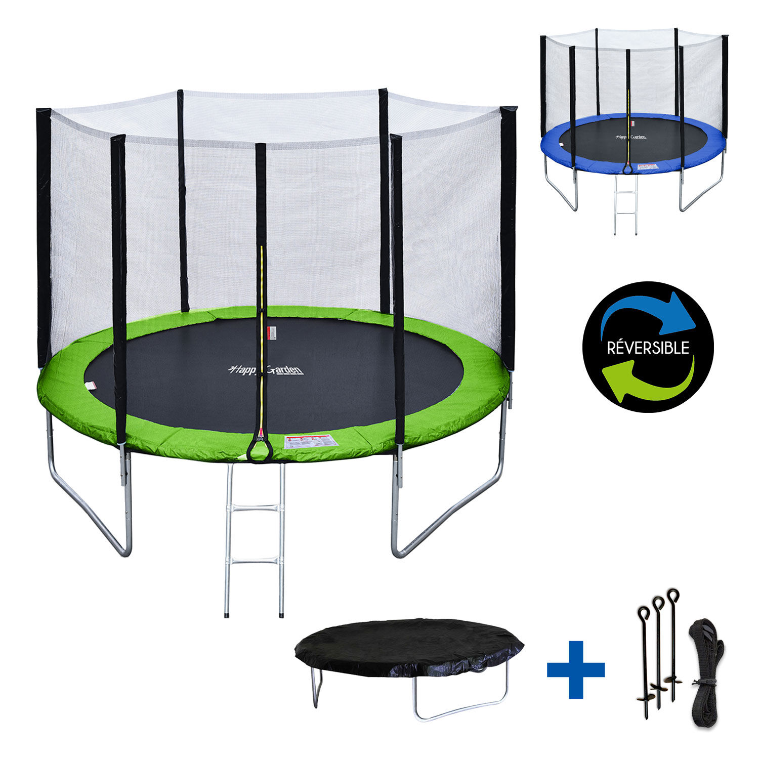 Happy Garden Pack Premium Trampoline 305cm réversible vert / bleu ADELAÏDE + filet, échelle, bâche et kit d'ancrage