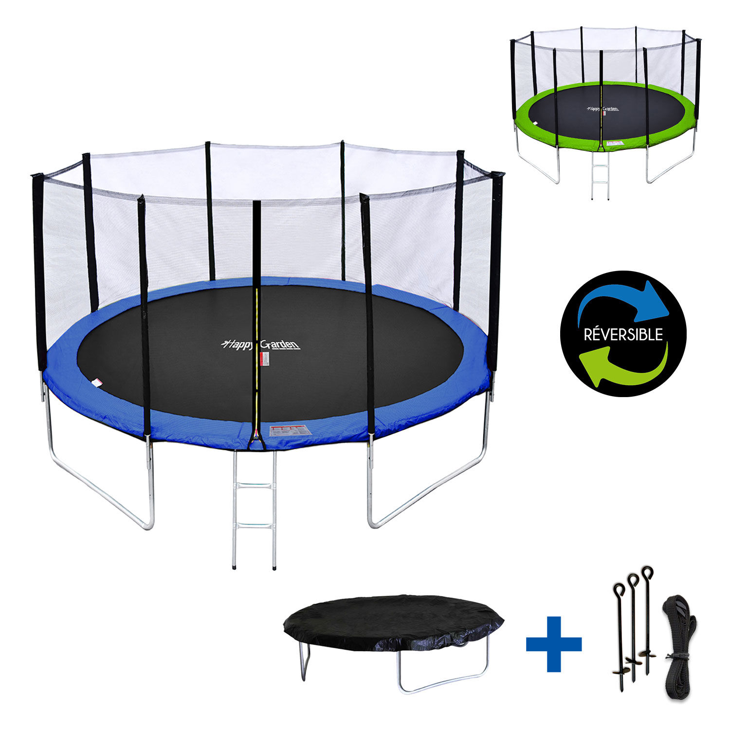 Happy Garden Pack Premium Trampoline 430cm réversible bleu / vert MELBOURNE + filet, échelle, bâche et kit d'ancrage