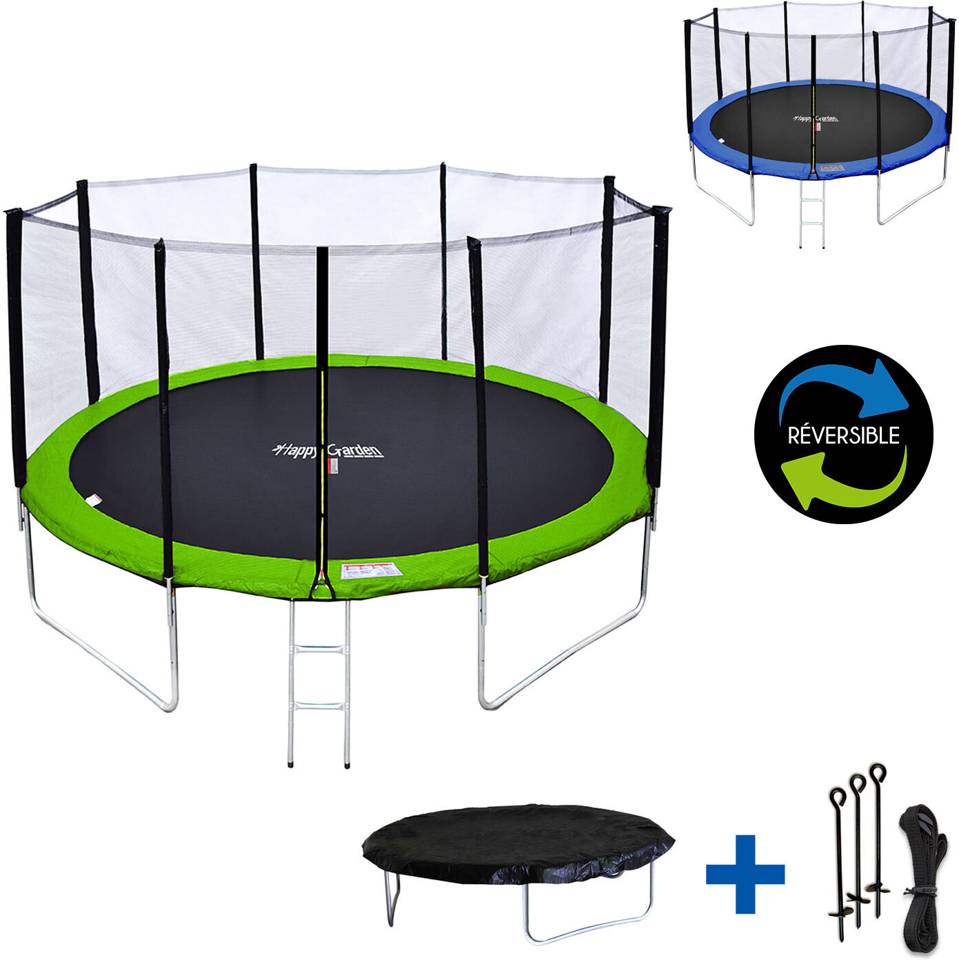 Happy Garden Pack Premium Trampoline 430cm réversible vert / bleu MELBOURNE + filet, échelle, bâche et kit d'ancrage