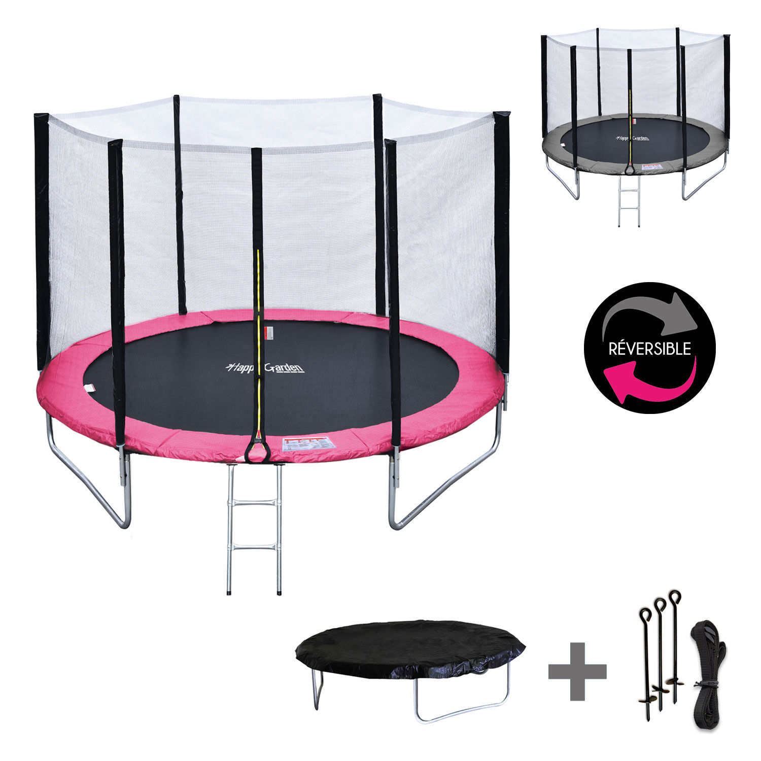 Happy Garden Pack Premium Trampoline 245cm réversible rose / gris CANBERRA + filet, échelle, bâche et kit d'ancrage