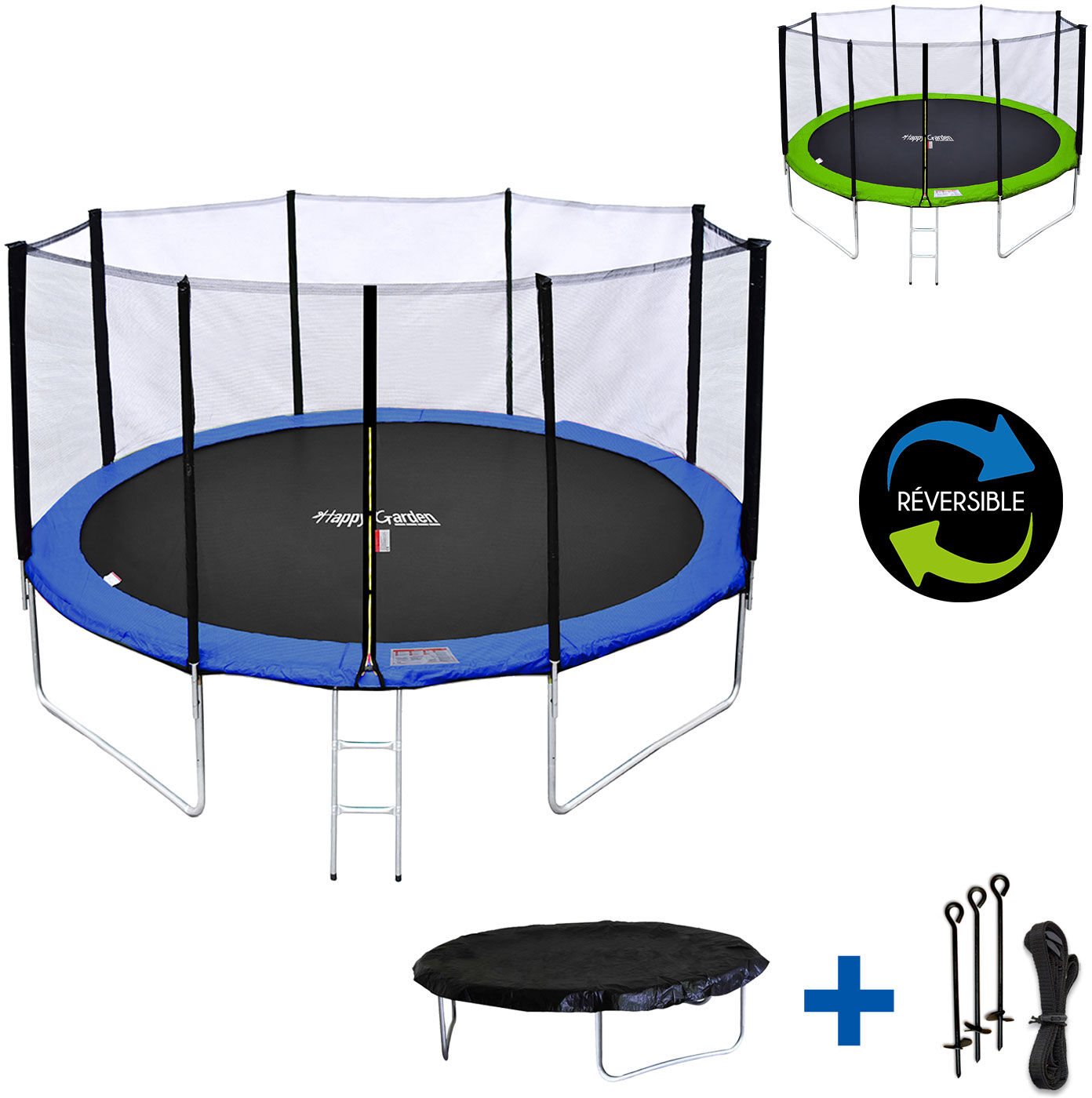 Happy Garden Pack Premium Trampoline 370cm réversible bleu / vert PERTH + filet, échelle, bâche et kit d'ancrage