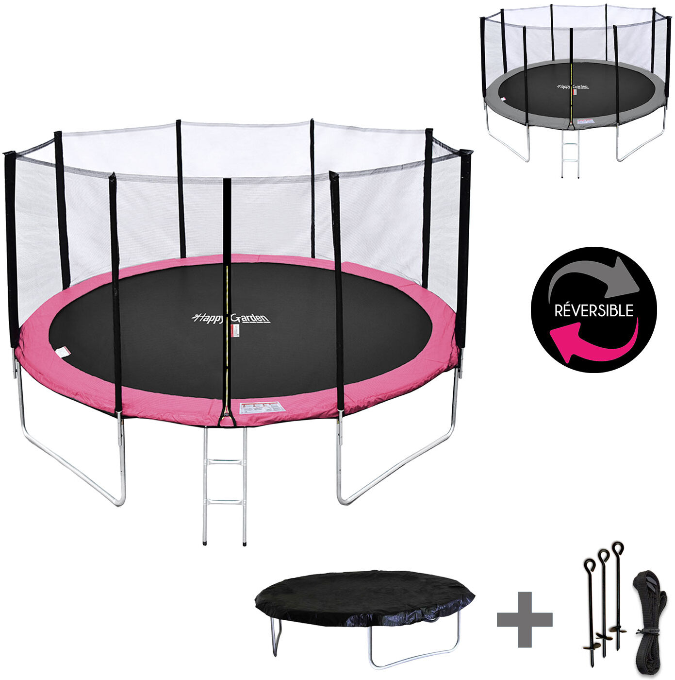 Happy Garden Pack Premium Trampoline 370cm réversible rose / gris PERTH + filet, échelle, bâche et kit d'ancrage