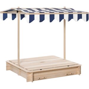 Outsunny Sabbiera per Bambini in Legno con Tettuccio Parasole, Panca e Coperchio, 106x106x121cm Bianco e Blu