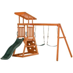 Outsunny Set con Scivolo, 2 Altalene da Giardino e Parete da Arrampicata in Legno per Bambini Età 3-8 Anni