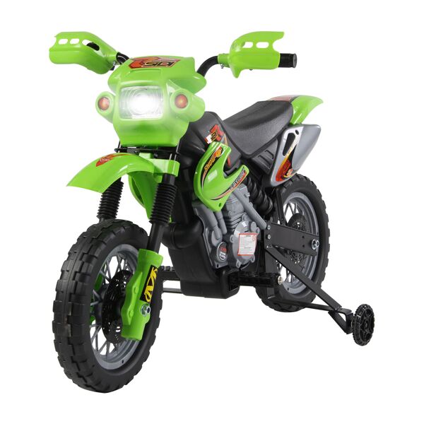 homcom moto cross elettrica con rotelle verde per bambini 3 anni e più, batteria 6v velocità 2.5km/h, 102 x 53 x 66cm