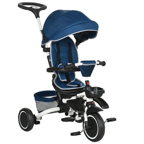 homcom triciclo per bambini 12-50 mesi con maniglia di spinta, tettuccio regolabile, poggiapiedi e accessori inclusi, 110x58x100 cm, blu e bianco