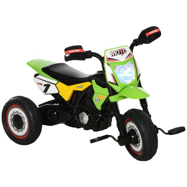 homcom triciclo per bambini stile moto a pedali con luci e suoni, 3 ruote larghe, età 18-36 mesi, 71x40x51cm, verde