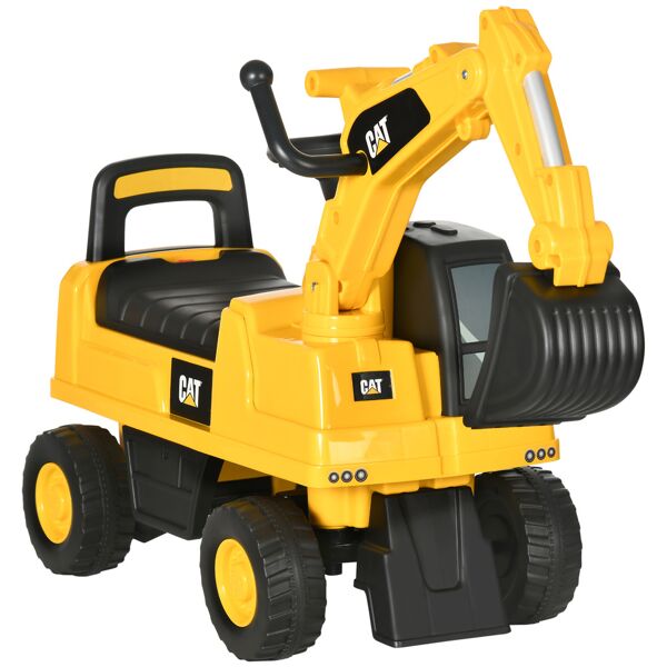 homcom ruspa giocattolo cat con escavatore e vano contenitore, gioco cavalcabile per bambini da 1-3 anni senza batteria, giallo