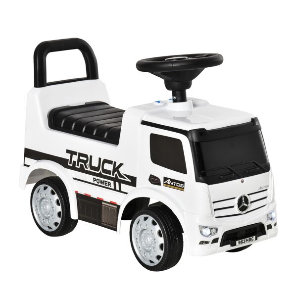 homcom macchina cavalcabile per bambini età 12-36 mesi, macchina giocattolo bambi con volante, fari e suoni, licenza mercedes, bianco