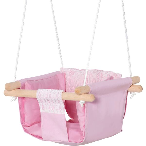 outsunny seggiolino altalena per bambini in tessuto e legno con cuscino, per casa e giardino, 40x40x180cm rosa