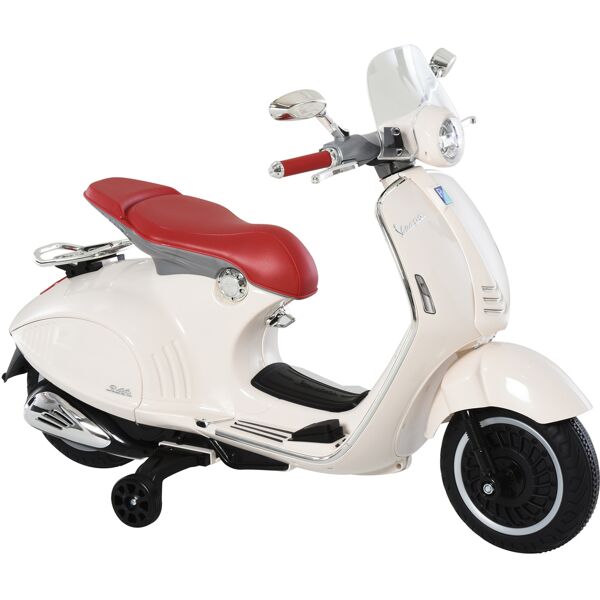 homcom moto elettrica per bambini con licenza ufficiale vespa, 2 rotelle, luci e suoni, 108x49x75 cm, bianca