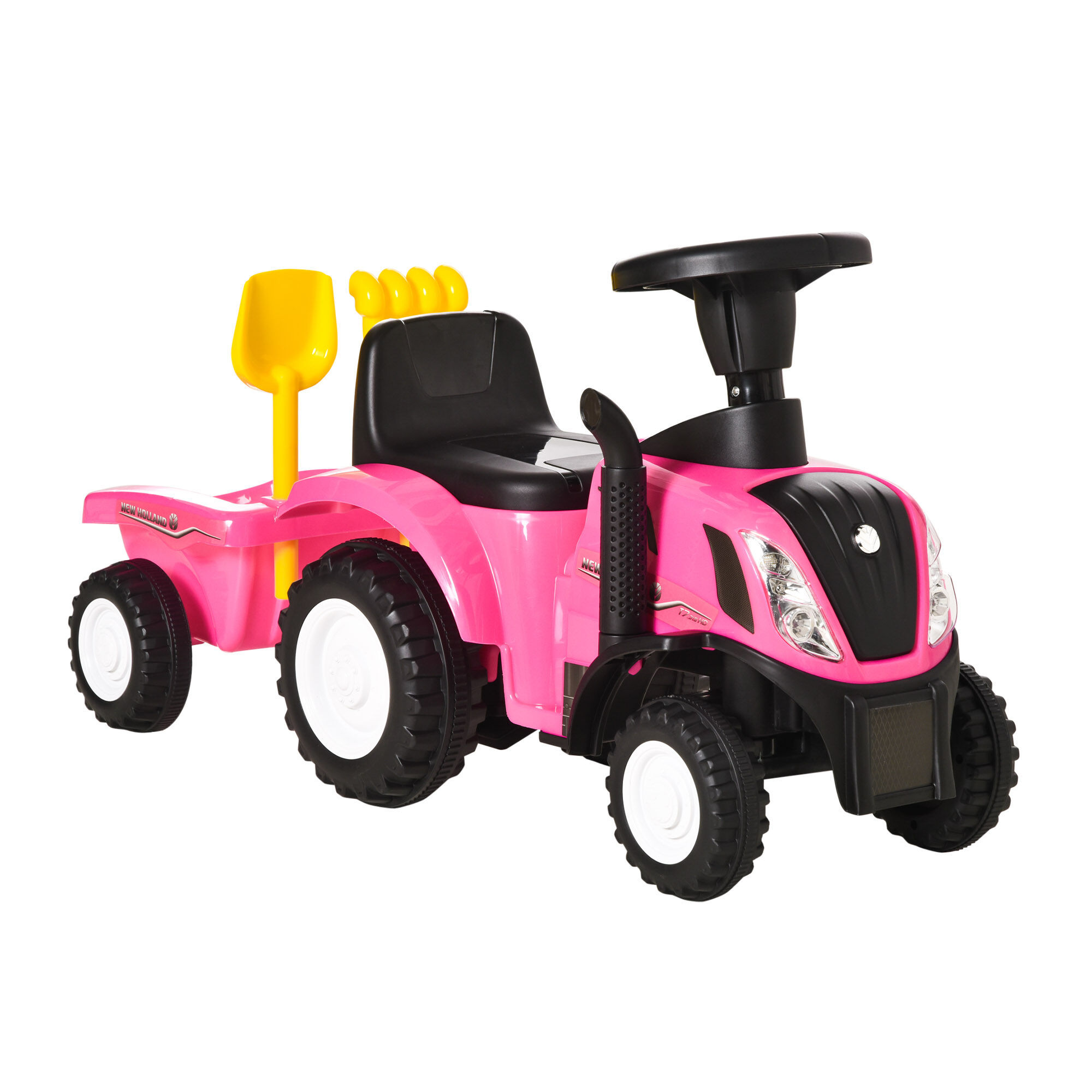 homcom trattore per bambini cavalcabile con rimorchio, rastrello e pala, gioco educativo per bimbi 12-36 mesi, 91x29x44cm, rosa