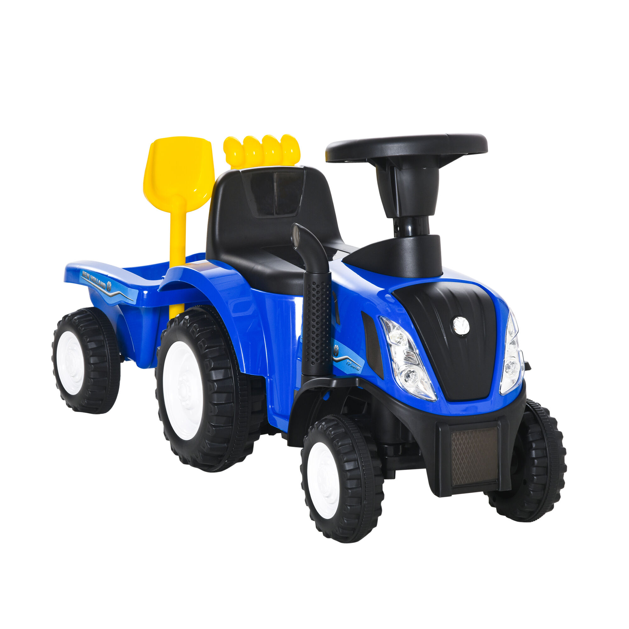 homcom trattore per bambini cavalcabile con rimorchio, rastrello e pala, gioco educativo per bimbi 12-36 mesi, 91x29x44cm, blu