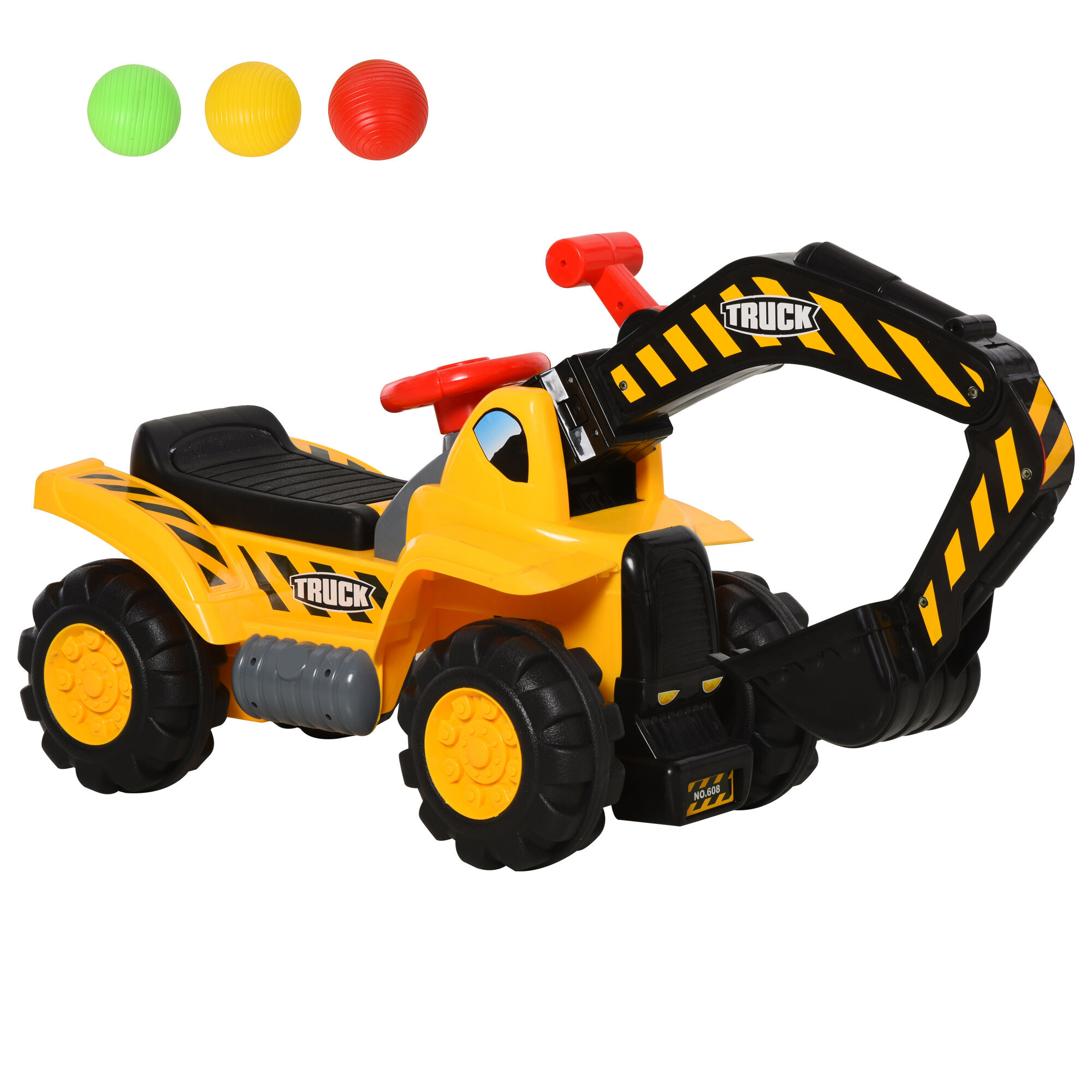 Homcom Escavatore Giocattolo per Bambini (max. 30 kg) con Braccio Mobile, Canestro e Palline Colorate, Giallo e Nero