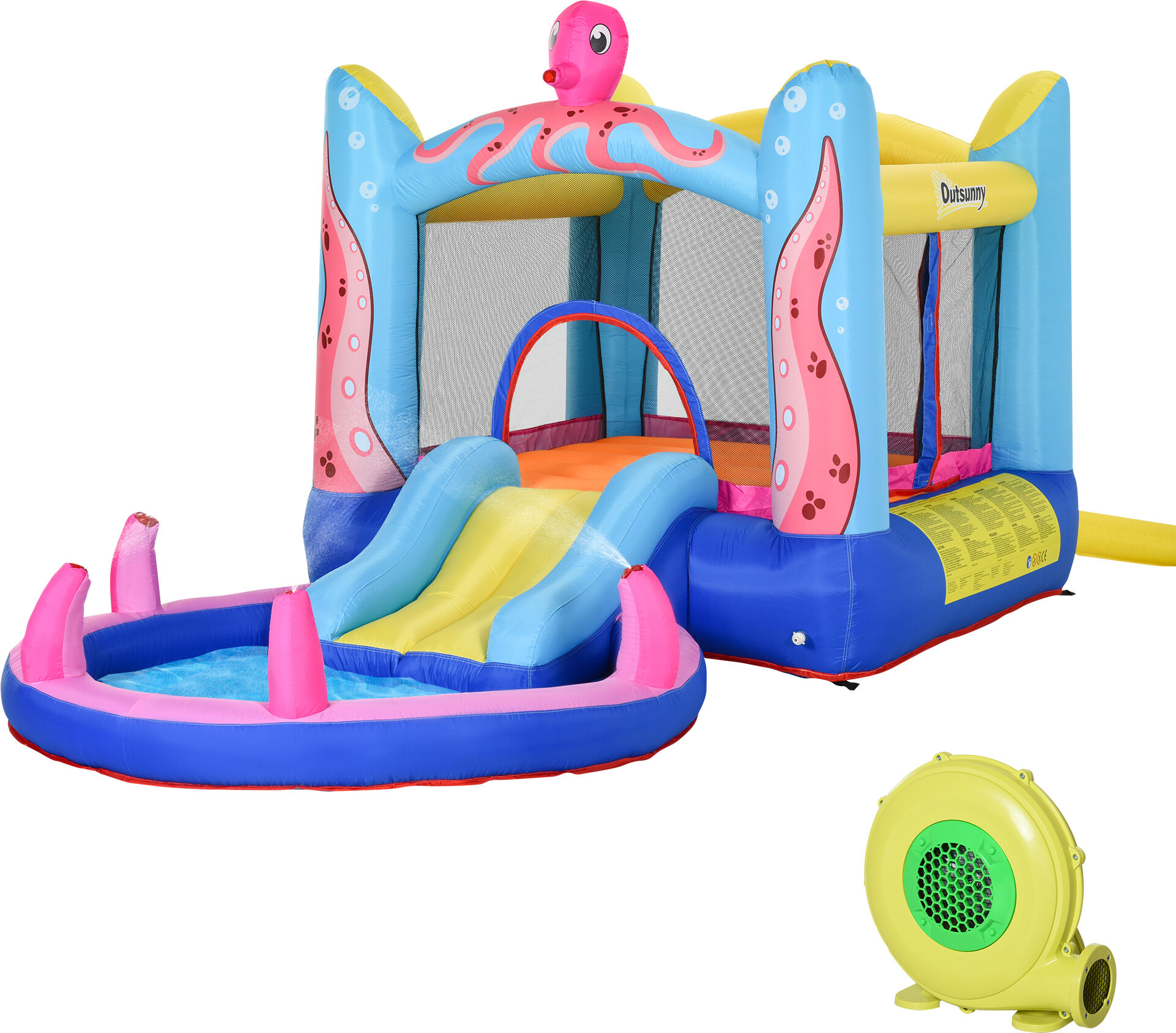 Outsunny Castello Gonfiabile Gigante e Rimbalzante per Bambini 3-8 Anni con Scivolo, Piscina e Gonfiatore 3.6x1.75x1.8m