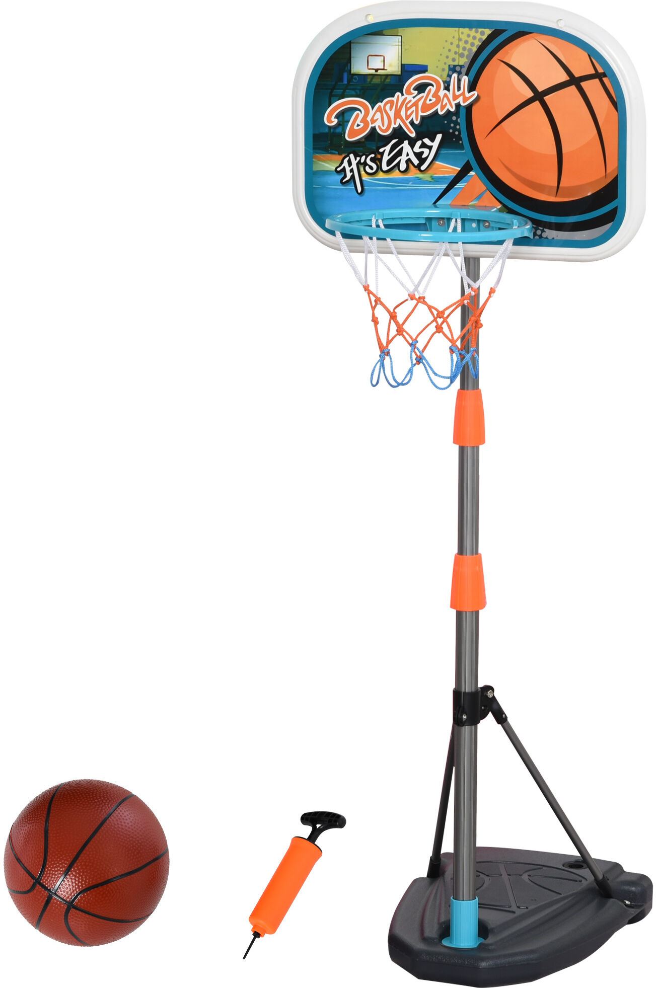 Homcom Set Canestro per Bambini Regolabile in Altezza, Palla da Basket, Base e Pompa Gonfiaggio Inclusi 32x65x126-158cm