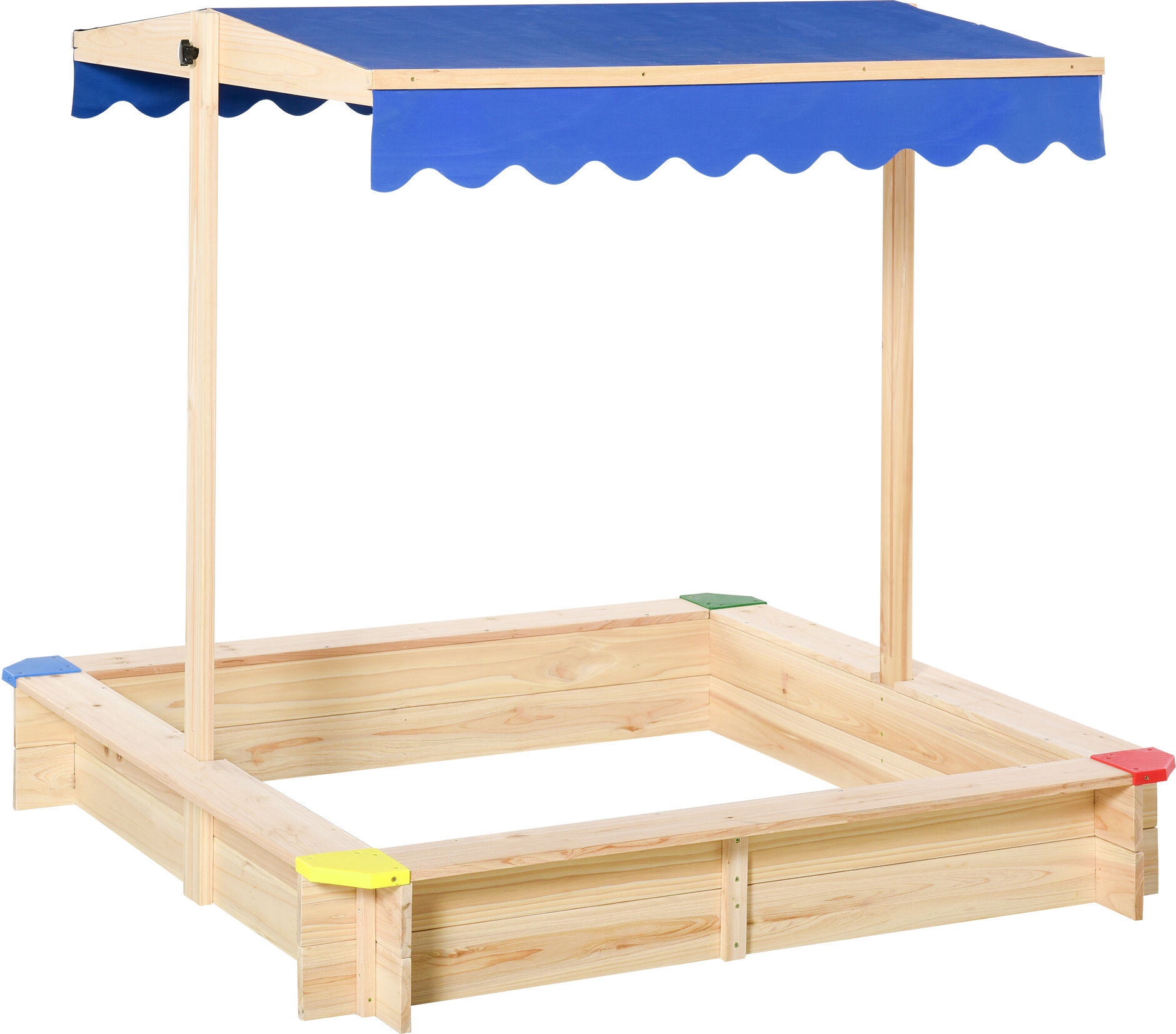 Outsunny Sabbiera per Bambini in Legno con Panca e Tettuccio Parasole Regolabile, 120x120x120cm, Colore Legno e Blu