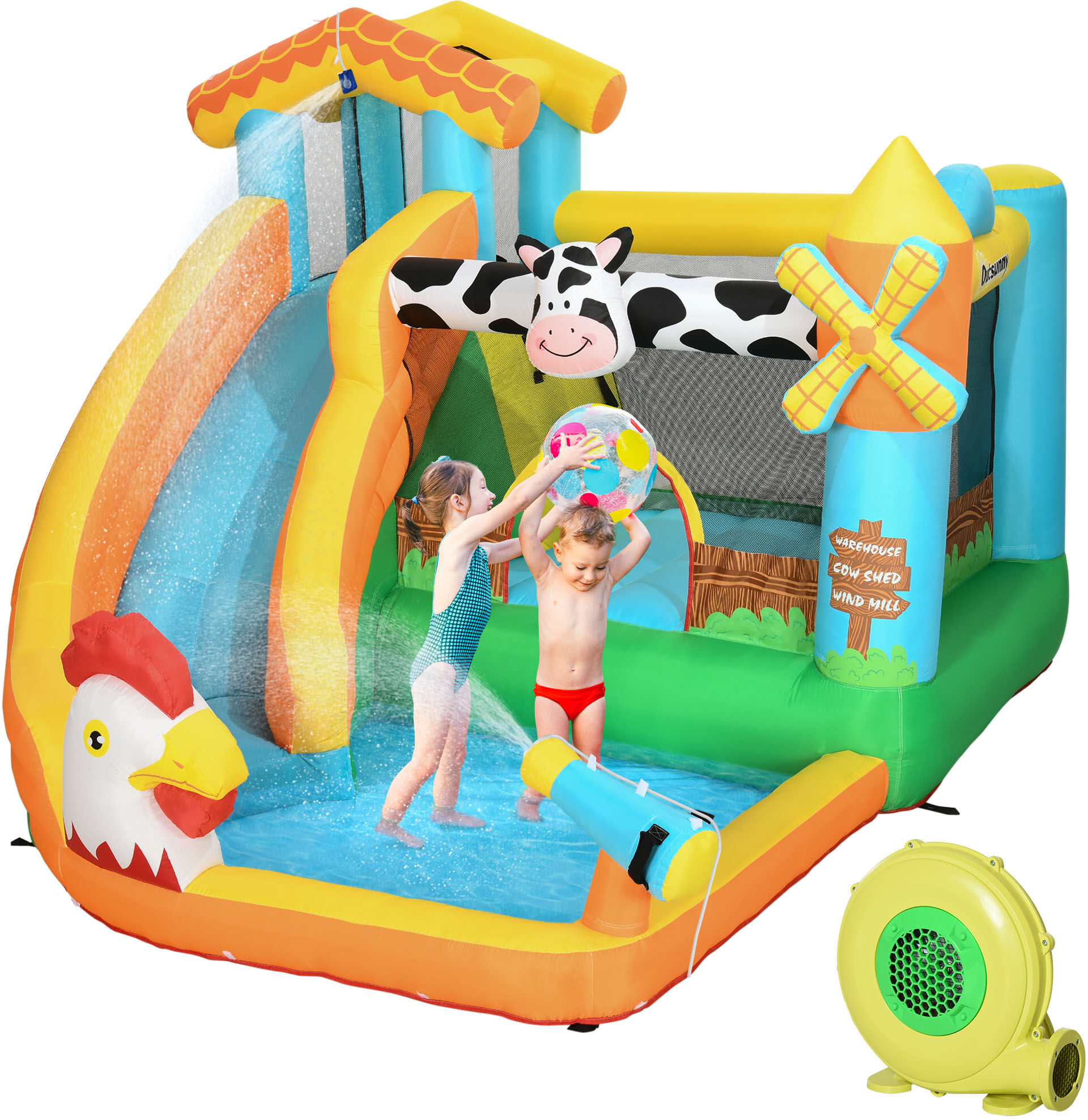 Outsunny Gioco Gonfiabile per Bambini 3-8 Anni a tema Fattoria con Borsa, 11 Paletti e Toppe Inclusi, 350x275x220 cm