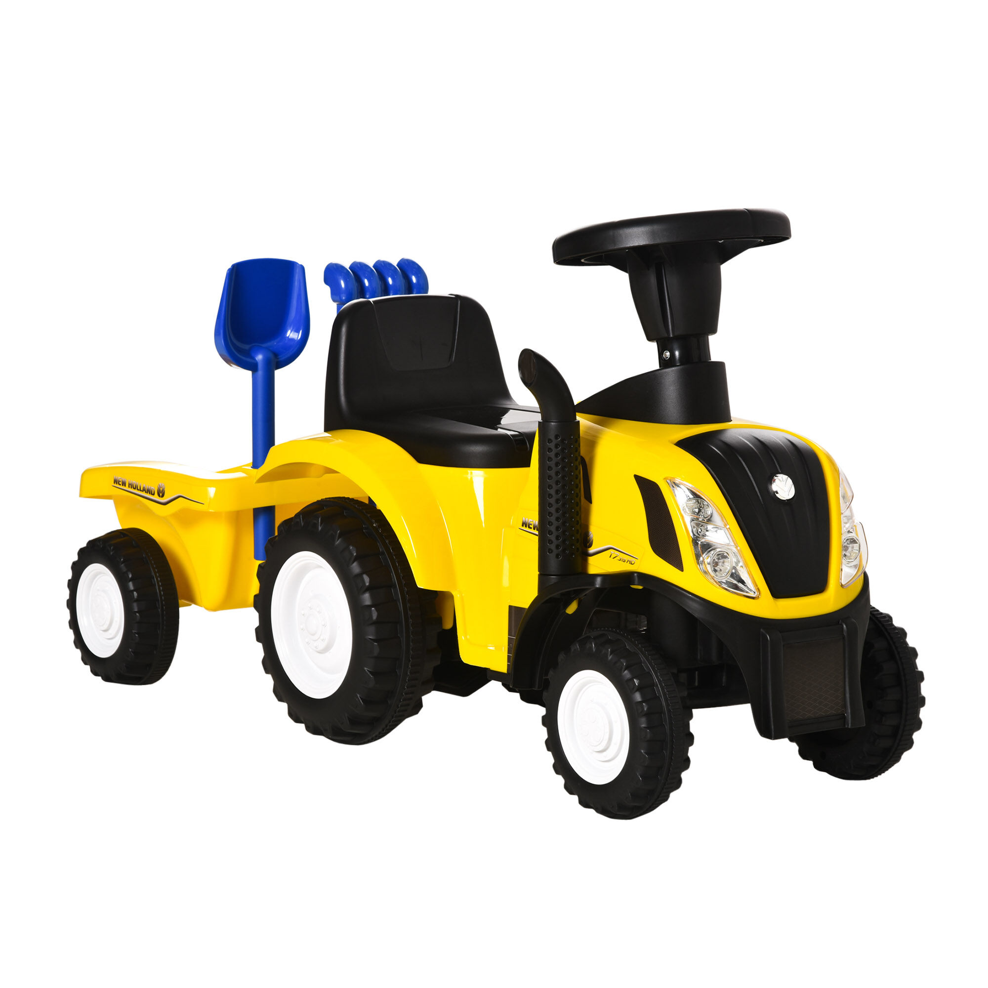 homcom trattore per bambini cavalcabile con rimorchio, rastrello e pala, gioco educativo per bimbi 12-36 mesi, 91x29x44cm, giallo