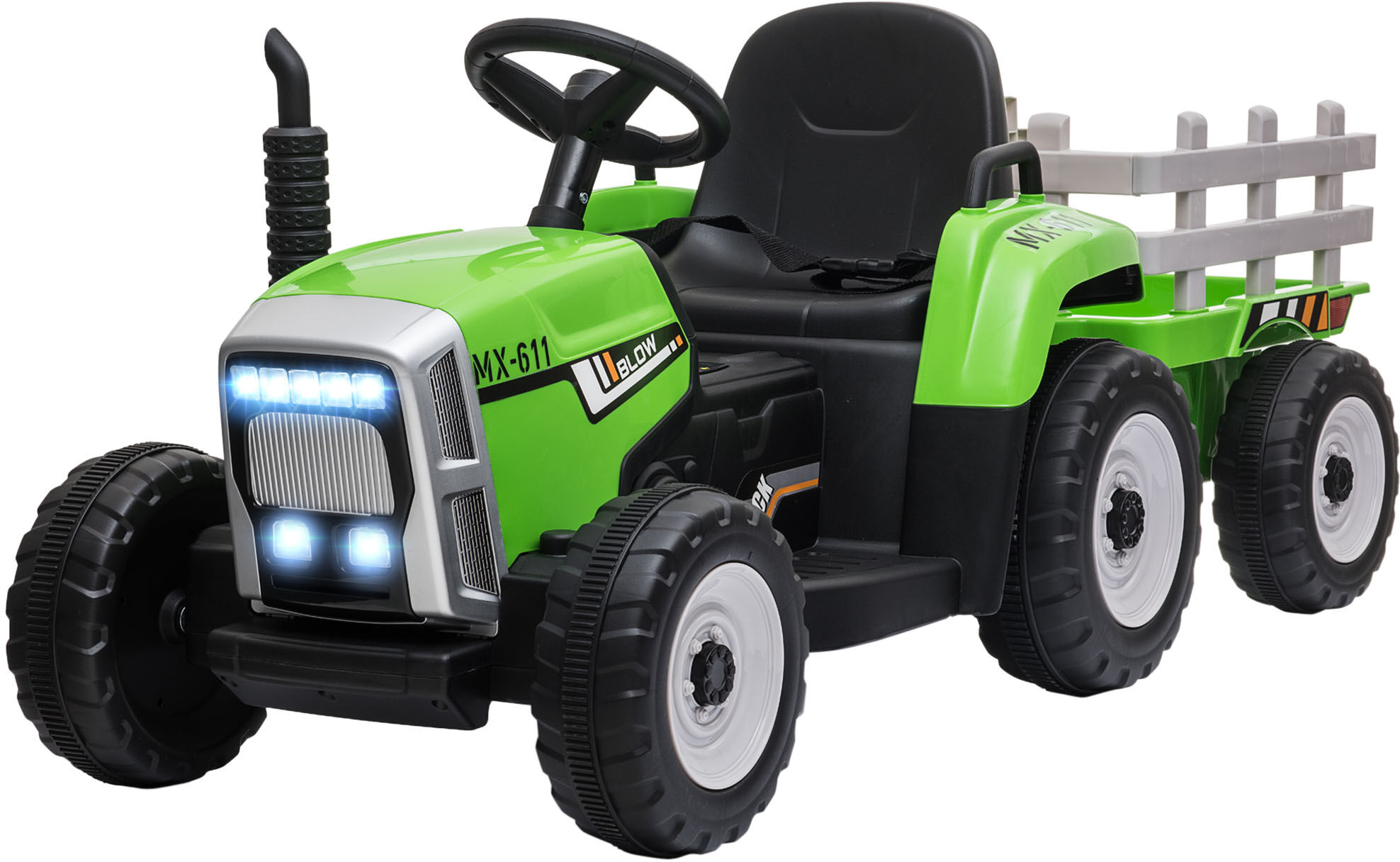 Homcom Trattore Elettrico per Bambini 3-6 Anni con Rimorchio Rimovibile, Batteria 12V e Telecomando, Verde