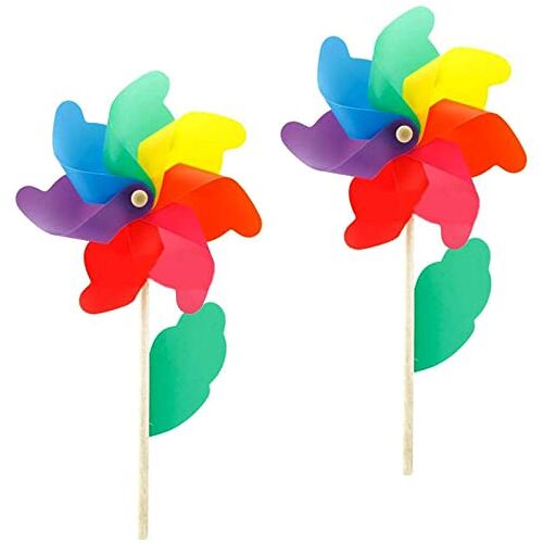 Mandeep Set van 2 windmolen, regenboog, tuin, windmolen, speelgoed voor kinderen, kleurrijke windmolen, met houten stokken, decoratie voor tuin en balkon, diameter 18 cm