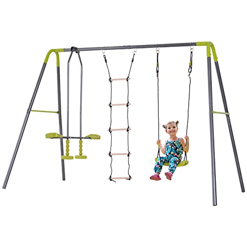 HOMCOM kinderschommel tuinschommel schommel frame schommelset met metalen frame klimtouwladder wip 3-10 jaar tot 3 kinderen