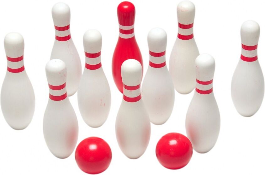 BS Toys bowlingspel hout 12 delig wit/rood - Wit,Rood