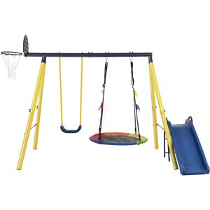 MODERNLUXE Swing Set 4 in 1 with Slide, Swing and Basketball Hoop, Outdoor Kids Play Frame Metal Blue