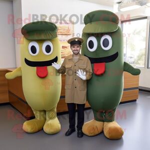 REDBROKOLY Olive Hot Dogs mascot costume character dressed with a Dress Shirt and Beanies