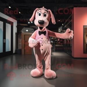 REDBROKOLY Pink Dog mascot costume character dressed with a Henley Shirt and Bow ties