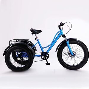 UYSELA Bicycle 24 inch Adult Tricycle,7 Speed Cruiser Trike, All Terrain Fat Tire 3 Wheel Bikes with Large Basket for Seniors, Women, Men, Adult Trikes for Shopping Picnic Outdoor Sports/Blue