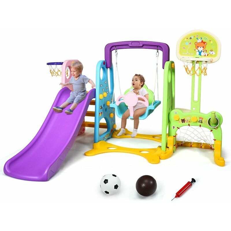 COSTWAY 6 in 1 Kids Slide Swing Set Climber Slide Playset Basketball Soccer Goal Game