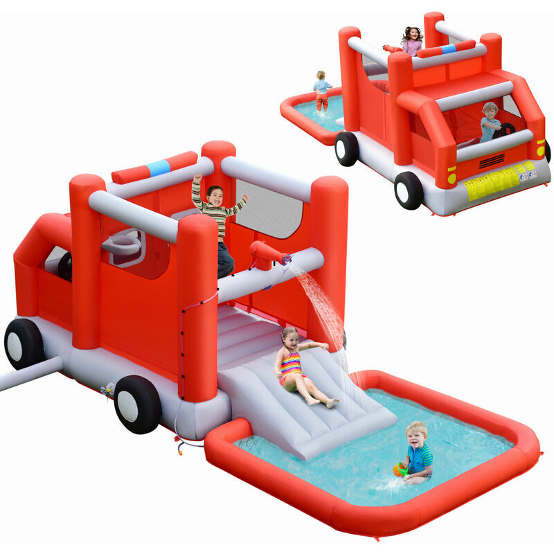 COSTWAY Firefighting-Themed Inflatable Kids Bouncy Castle Children Combo Water Slide