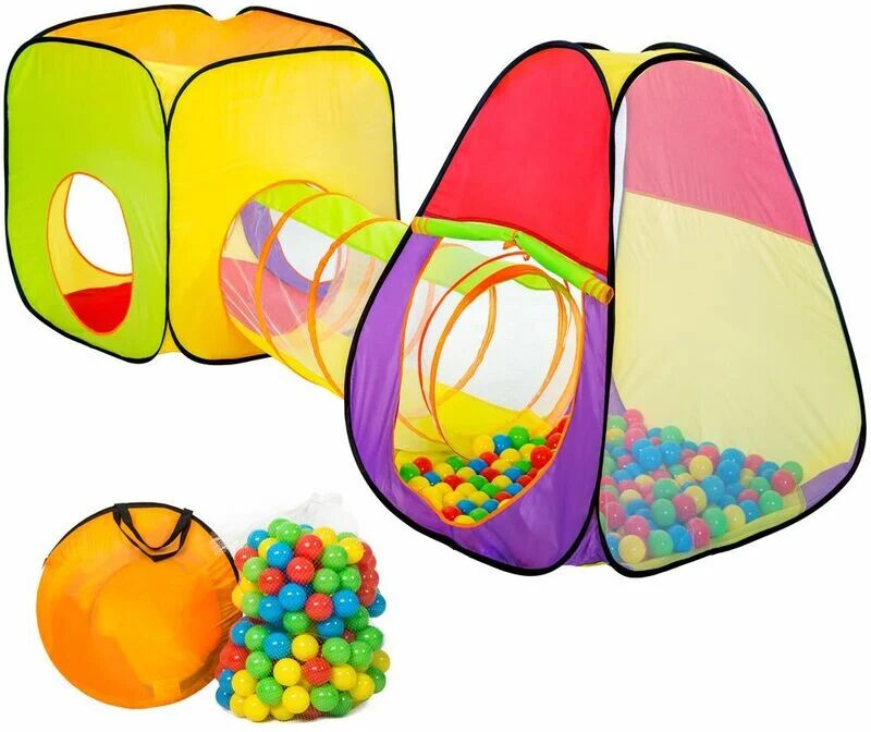 TECTAKE Play tent with tunnel + 200 balls pop up tent - kids pop up tent, kids tent, pop up play tent - colourful