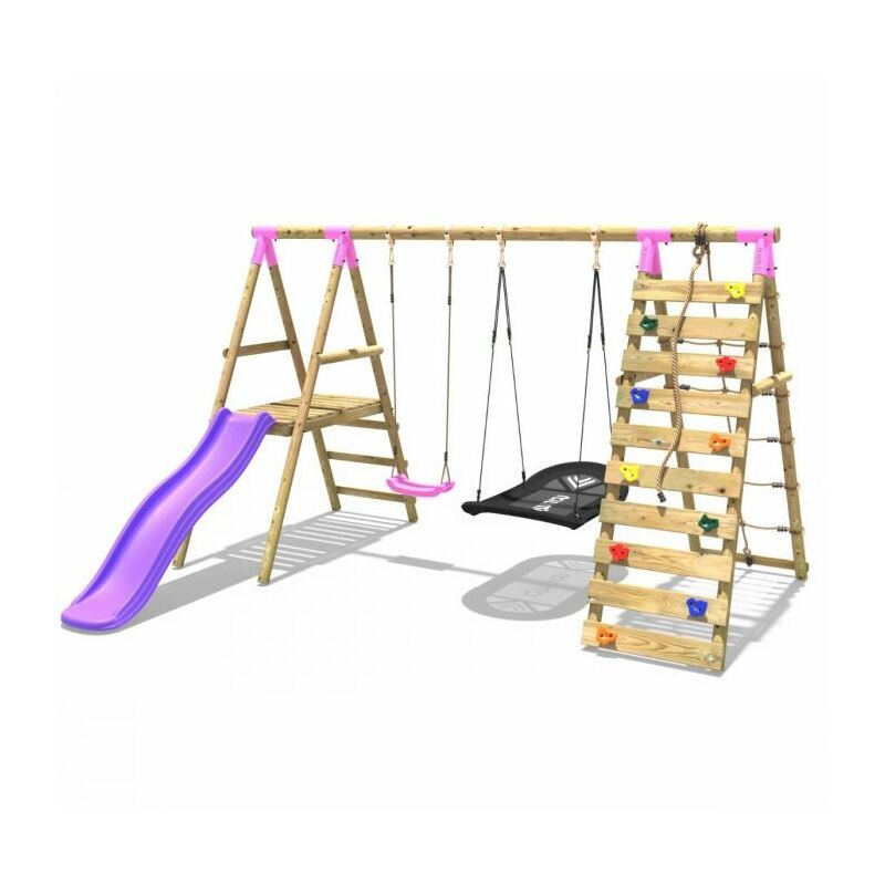 Wooden Swing Set with Deck and Slide plus Up and Over Climbing Wall - Quartz Pink - Rebo