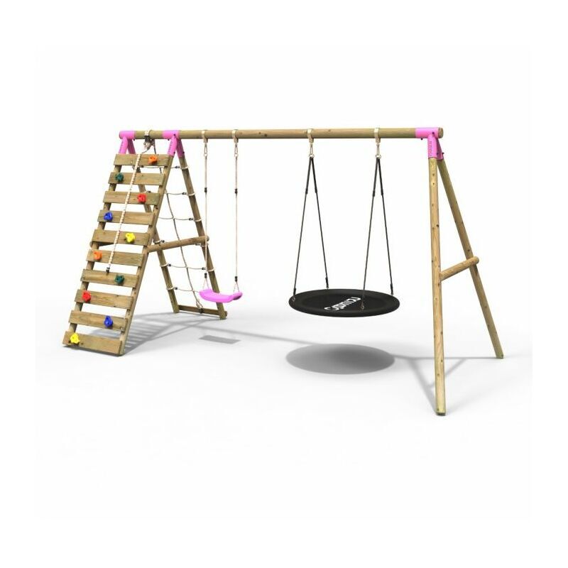 Wooden Swing Set with Up and Over Climbing Wall - Vale Pink - Rebo