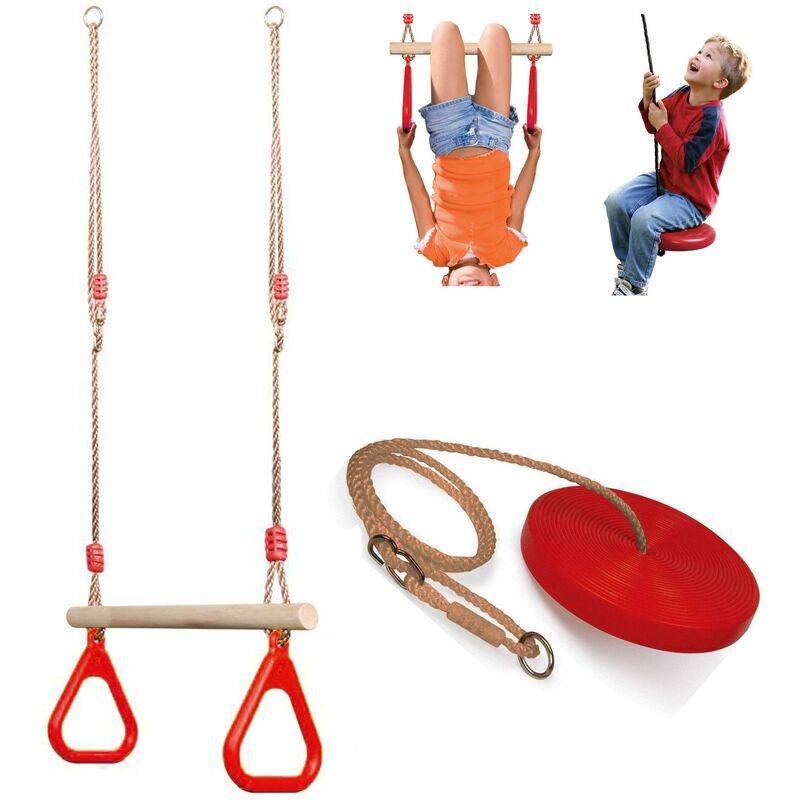 THE MAGIC TOY SHOP Set of Wooden Trapeze Monkey Bar Swing & Plate Disc Rope Swing Seat Garden Toy