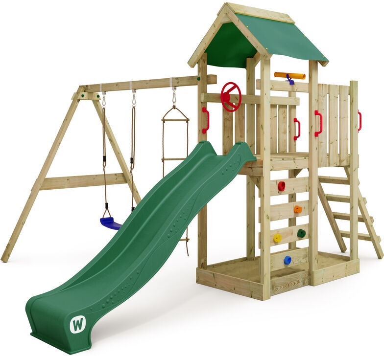 Wooden climbing frame MultiFlyer with swing set and slide, Garden playhouse with sandpit, climbing ladder & play-accessories - green - green - Wickey