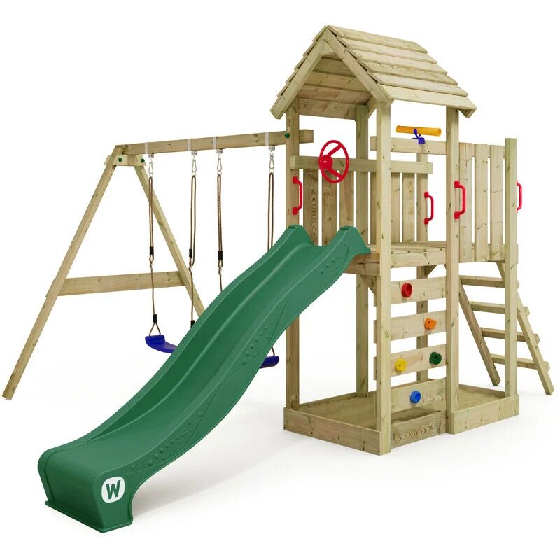 wickey Wooden climbing frame MultiFlyer with wooden roof, swing set and slide, Garden playhouse with sandpit, climbing ladder & play-accessories - green