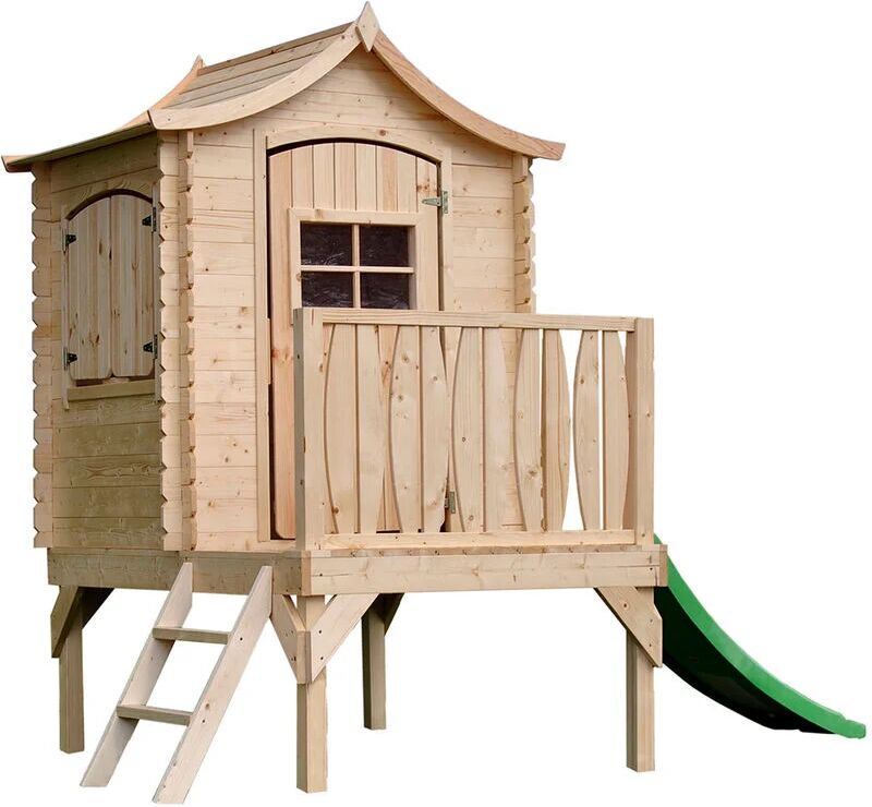 TIMBELA Wooden Playhouse for Kids Outdoor, 19 mm planks - Fun Wendy House Outdoor Play - Garden Play House for Kids with slide H212 x 175 x 146 cm / 1.1 m2