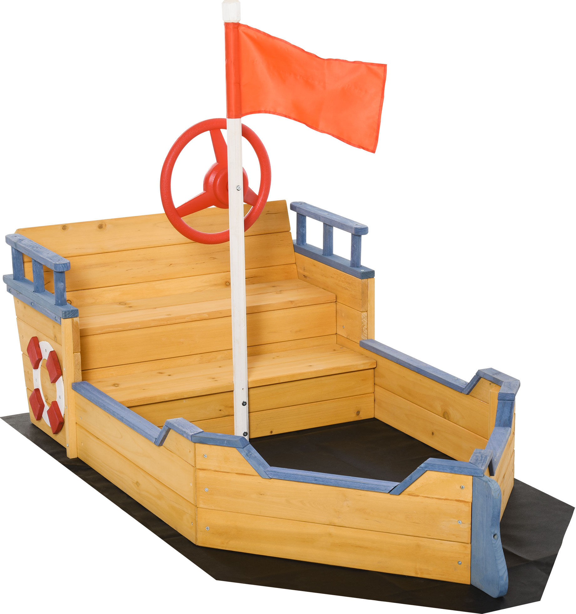 Outsunny Kids Wooden Sandpit Children Sandbox Pirate Ship Sandboat Outdoor Backyard Playset Play Station w/ Bench Bottom Liner