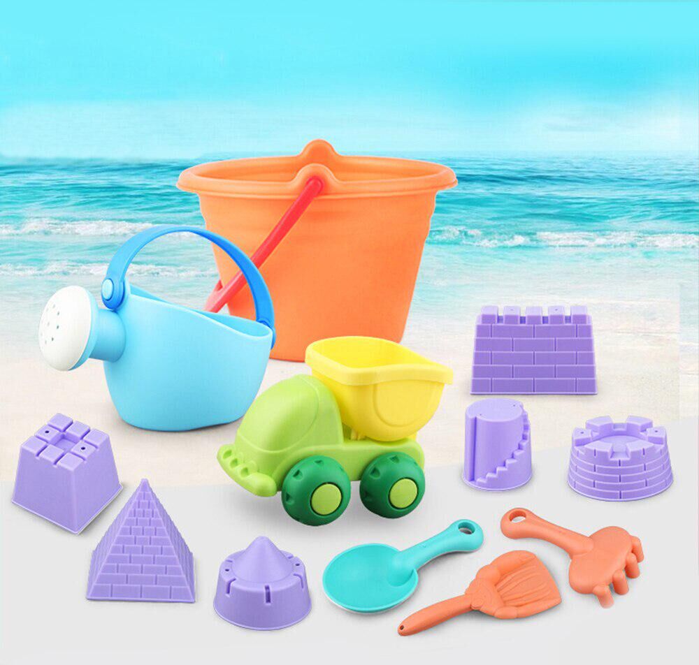 TouchCare Beach Toy Silicone Kids Beach Sand Game Toy Shovels Castle Rake Hourglass Bucket Beach Cart Kid Gift