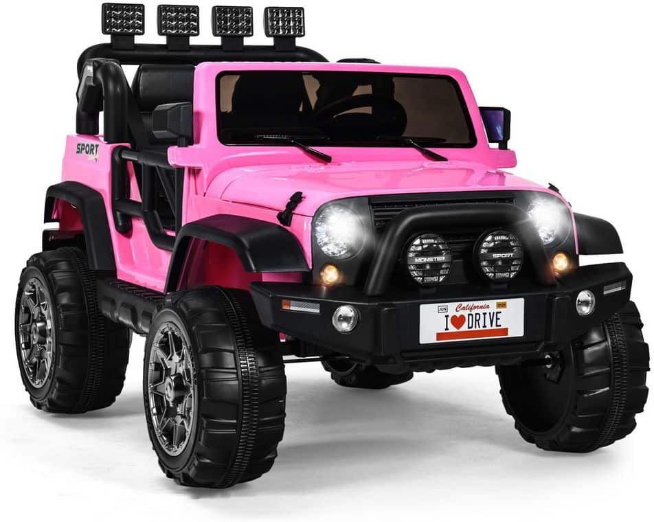 Costway 12V 12.5 in. Kids Electric Ride On Truck 2 Seater Battery Powered Car w/Remote Control, Music & Horn, LED Lights, Pink