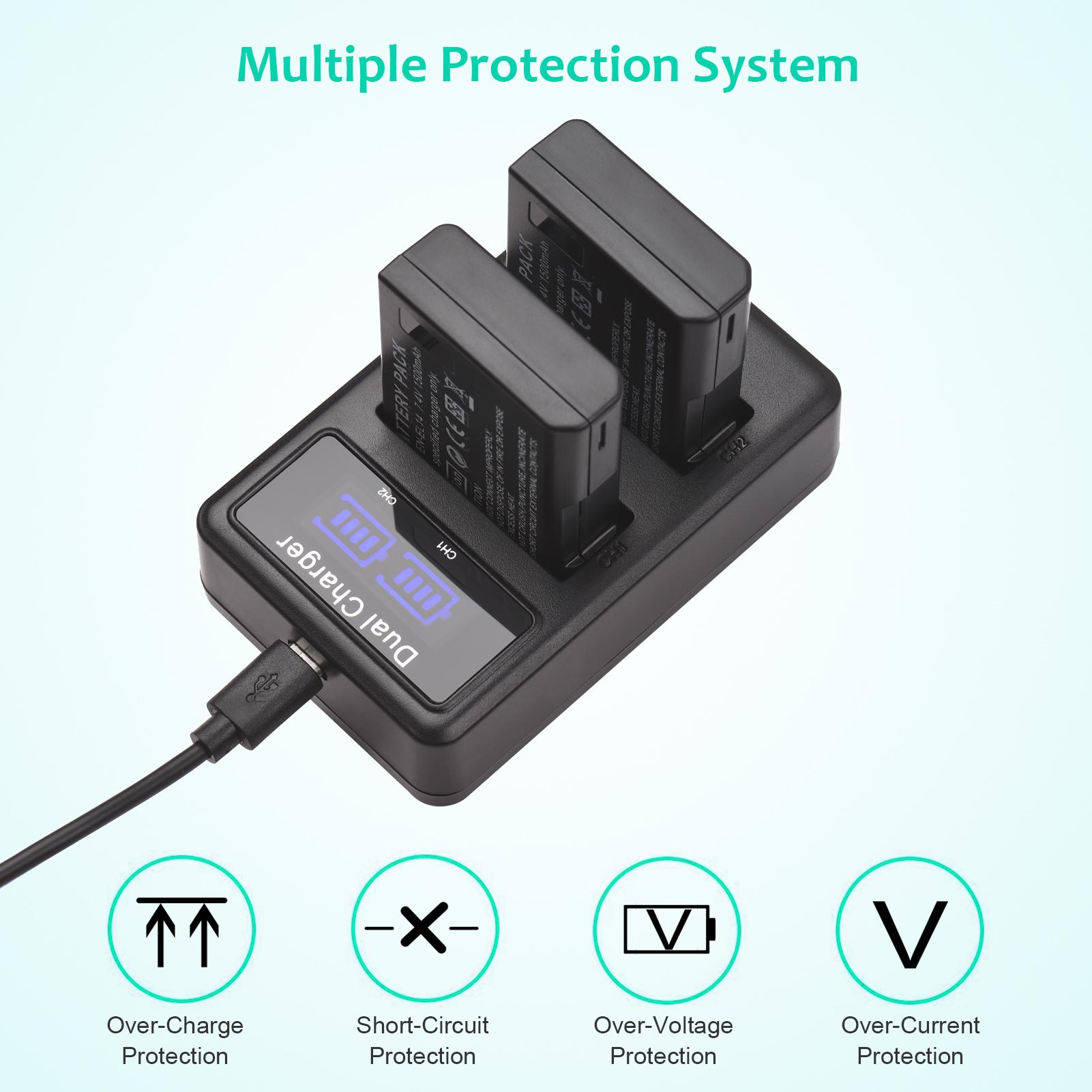 TOMTOP JMS EN-EL14 Battery & Charger Kit 2pcs 7.4V 1500mAh Battery + 1pc LED2-EL14 Dual Channel Camera Battery