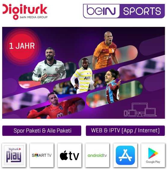 Digitürk Play beIN Sports WEB TV IP HD Sport und Familienpaket 12 Monate Prepaid Abo