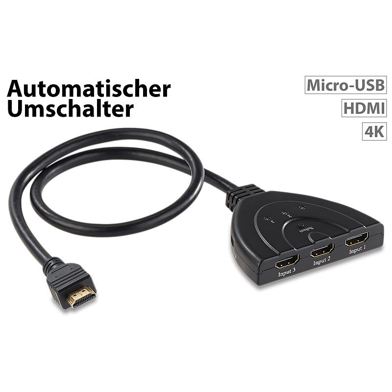 auvisio 3-fach-HDMI-Switch für 4K-UHD-TVs, HDMI 2.0, automatische Umschaltung